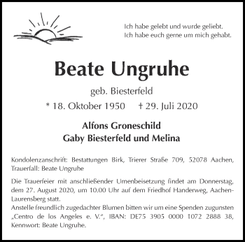 Traueranzeige von Beate Ungruhe von Aachener Zeitung / Aachener Nachrichten