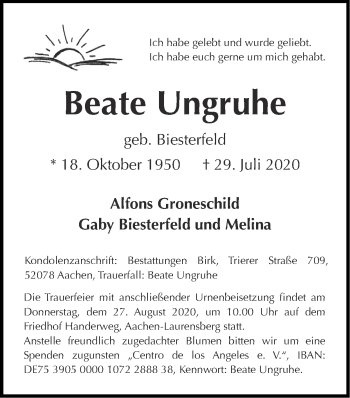 Traueranzeige von Beate Ungruhe von Zeitung am Sonntag
