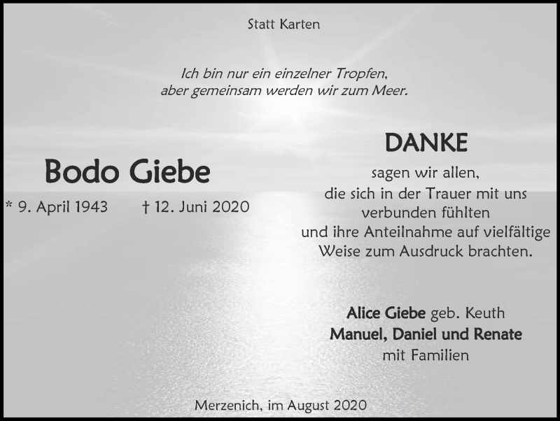  Traueranzeige für Bodo Giebe vom 02.08.2020 aus Zeitung am Sonntag