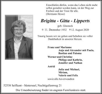 Traueranzeige von Brigitta Lipperts von Zeitung am Sonntag