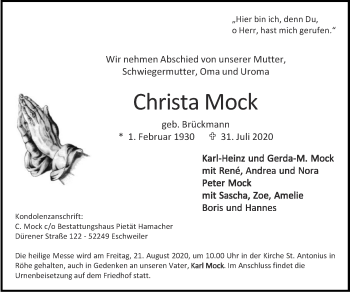Traueranzeige von Christa Mock von Zeitung am Sonntag