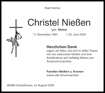 Traueranzeige von Christel Nießen von Zeitung am Sonntag