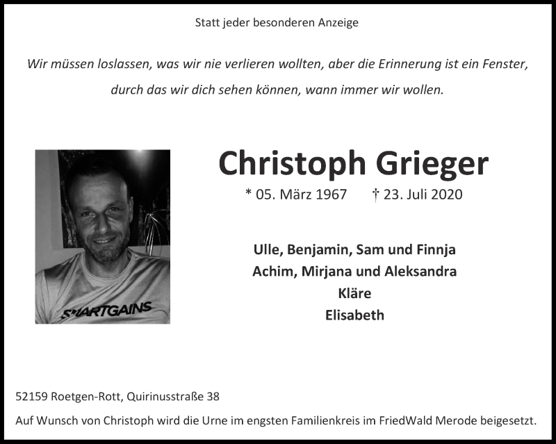  Traueranzeige für Christoph Grieger vom 08.08.2020 aus Aachener Zeitung / Aachener Nachrichten
