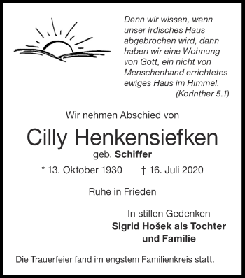 Traueranzeige von Cilly Henkensiefken von Zeitung am Sonntag