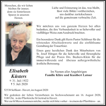 Traueranzeige von Elisabeth Küsters von Zeitung am Sonntag