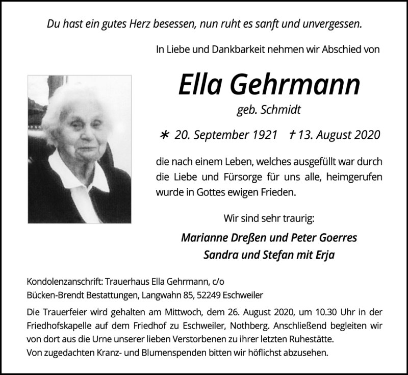 Traueranzeigen von Ella Gehrmann | Aachen gedenkt