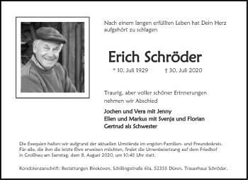 Traueranzeige von Erich Schröder von Aachener Zeitung / Aachener Nachrichten