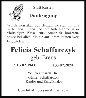 Traueranzeige von Felicia Schaffarczyk von Zeitung am Sonntag