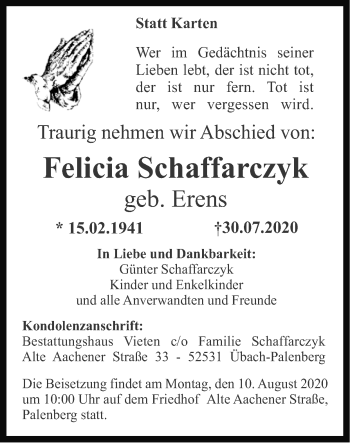 Traueranzeige von Felicia Schaffarczyk von Zeitung am Sonntag