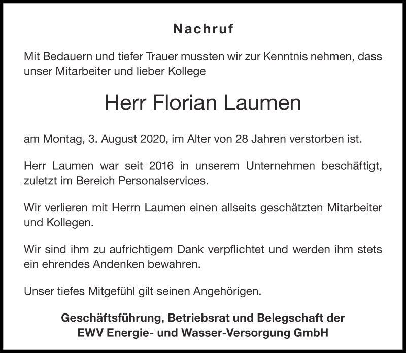  Traueranzeige für Florian Laumen vom 15.08.2020 aus Aachener Zeitung / Aachener Nachrichten