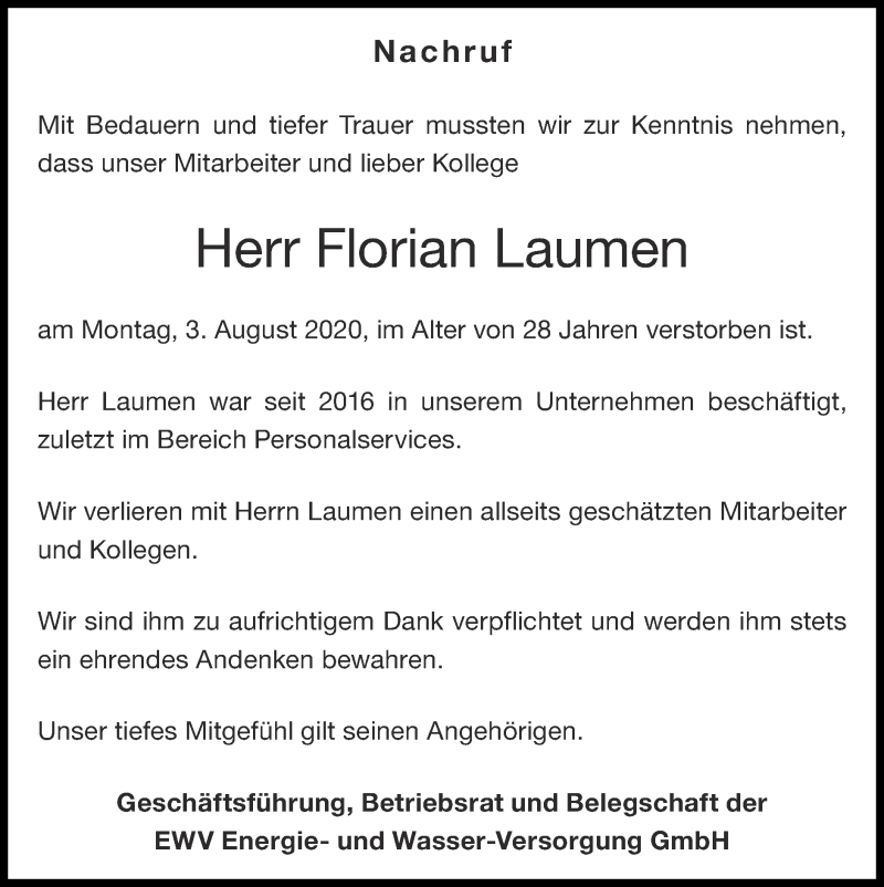  Traueranzeige für Florian Laumen vom 16.08.2020 aus Zeitung am Sonntag