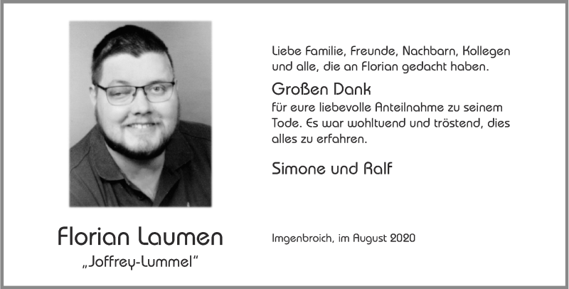  Traueranzeige für Florian Laumen vom 29.08.2020 aus Aachener Zeitung / Aachener Nachrichten
