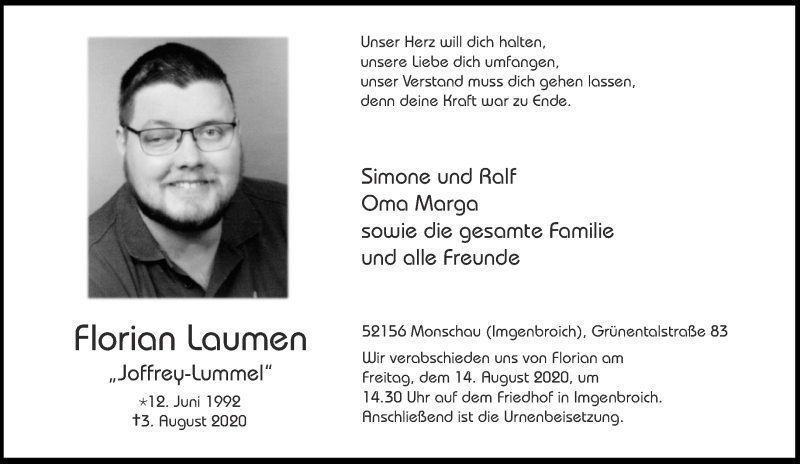  Traueranzeige für Florian Laumen vom 08.08.2020 aus Aachener Zeitung / Aachener Nachrichten