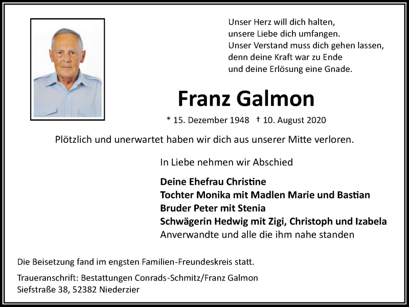  Traueranzeige für Franz Galmon vom 16.08.2020 aus Zeitung am Sonntag