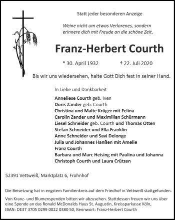 Traueranzeige von Franz-Herbert Courth von Zeitung am Sonntag