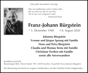 Traueranzeige von Franz-Johann Bürgstein von Zeitung am Sonntag