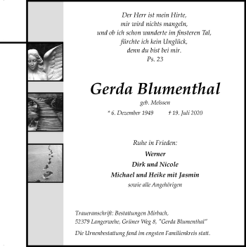 Traueranzeige von Gerda Blumenthal von Zeitung am Sonntag