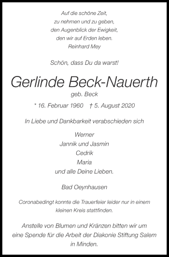 Traueranzeige von Gerlinde Beck-Nauerth von Zeitung am Sonntag