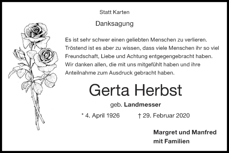  Traueranzeige für Gerta Herbst vom 30.08.2020 aus Zeitung am Sonntag