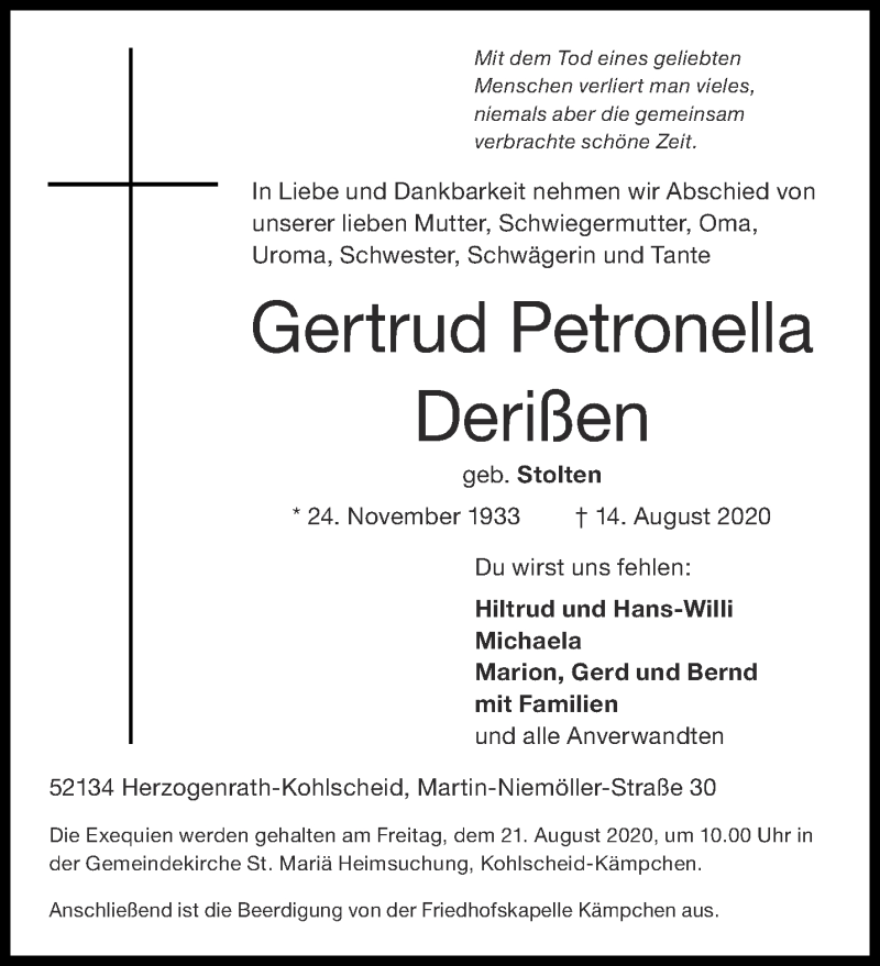  Traueranzeige für Gertrud Petronella Derißen vom 18.08.2020 aus Aachener Zeitung / Aachener Nachrichten