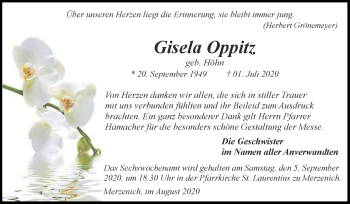 Traueranzeige von Gisela Oppitz von Zeitung am Sonntag