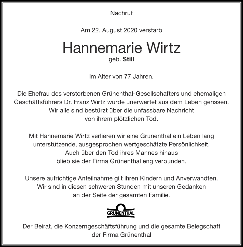  Traueranzeige für Hannemarie Wirtz vom 29.08.2020 aus Aachener Zeitung / Aachener Nachrichten