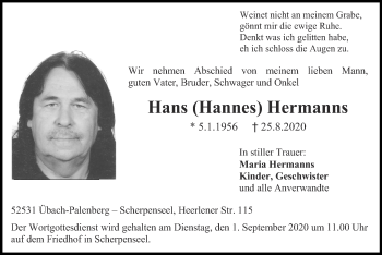 Traueranzeige von Hans  Hermanns von Zeitung am Sonntag