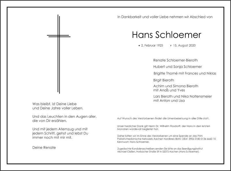  Traueranzeige für Hans Schloemer vom 22.08.2020 aus Aachener Zeitung / Aachener Nachrichten