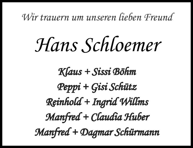  Traueranzeige für Hans Schloemer vom 22.08.2020 aus Aachener Zeitung / Aachener Nachrichten