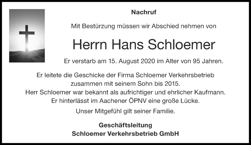  Traueranzeige für Hans Schloemer vom 22.08.2020 aus Aachener Zeitung / Aachener Nachrichten