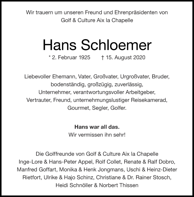  Traueranzeige für Hans Schloemer vom 22.08.2020 aus Aachener Zeitung / Aachener Nachrichten