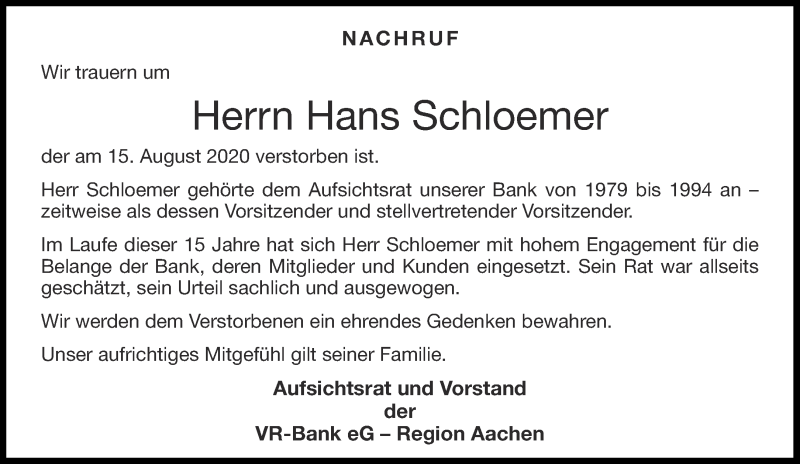  Traueranzeige für Hans Schloemer vom 29.08.2020 aus Aachener Zeitung / Aachener Nachrichten