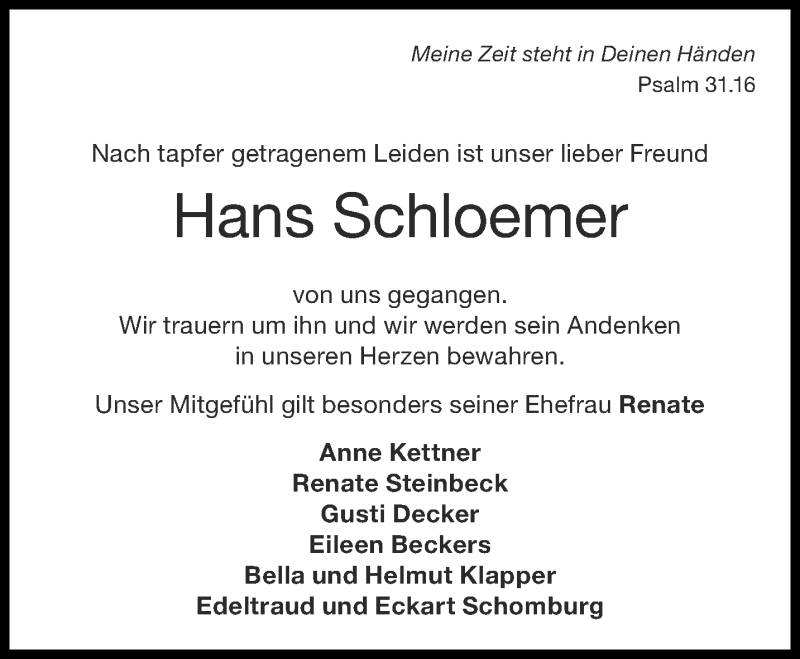  Traueranzeige für Hans Schloemer vom 22.08.2020 aus Aachener Zeitung / Aachener Nachrichten