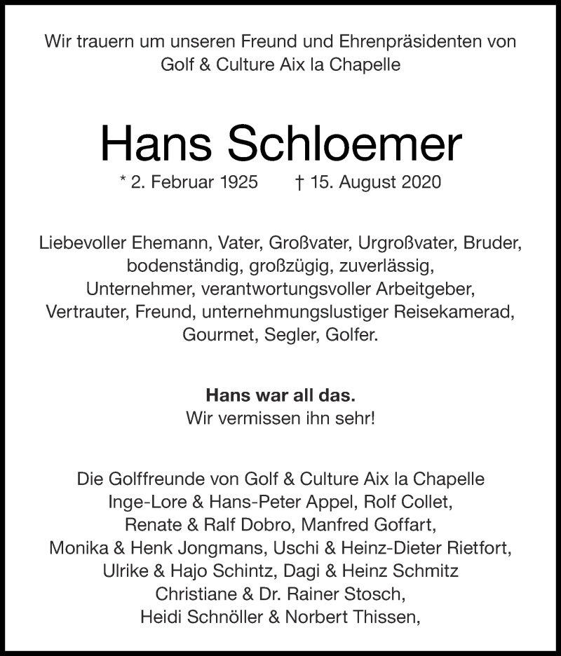  Traueranzeige für Hans Schloemer vom 30.08.2020 aus Zeitung am Sonntag
