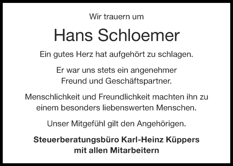  Traueranzeige für Hans Schloemer vom 22.08.2020 aus Aachener Zeitung / Aachener Nachrichten