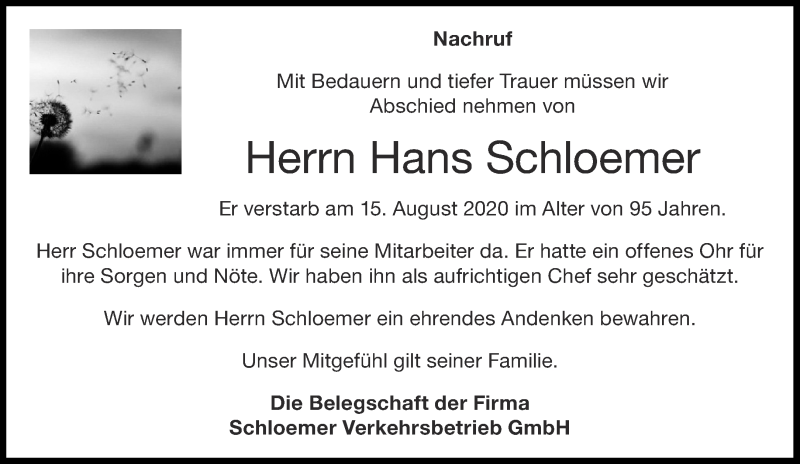  Traueranzeige für Hans Schloemer vom 22.08.2020 aus Aachener Zeitung / Aachener Nachrichten