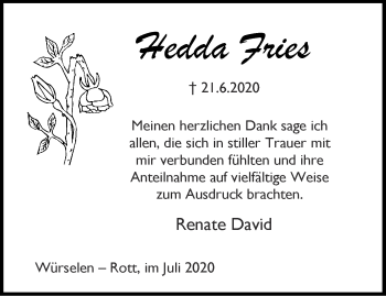 Traueranzeige von Hedda Fries von Aachener Zeitung / Aachener Nachrichten
