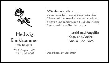 Traueranzeige von Hedwig Klinkhammer von Zeitung am Sonntag