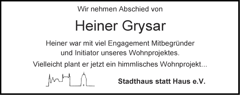  Traueranzeige für Heiner Grysar vom 08.08.2020 aus Aachener Zeitung / Aachener Nachrichten