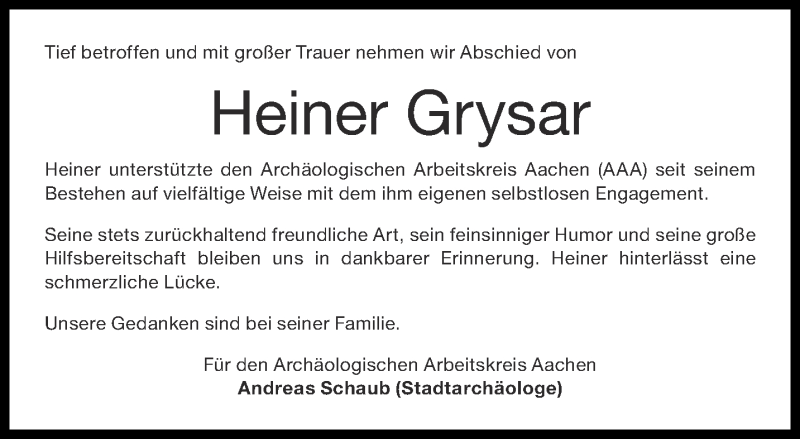  Traueranzeige für Heiner Grysar vom 11.08.2020 aus Aachener Zeitung / Aachener Nachrichten