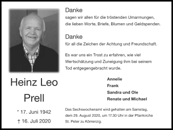 Traueranzeige von Heinz Leo Prell von Zeitung am Sonntag