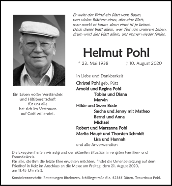 Traueranzeige von Helmut Pohl von Zeitung am Sonntag