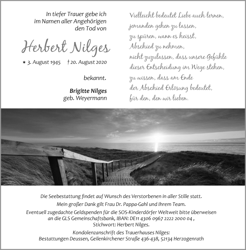  Traueranzeige für Herbert Nilges vom 29.08.2020 aus Aachener Zeitung / Aachener Nachrichten