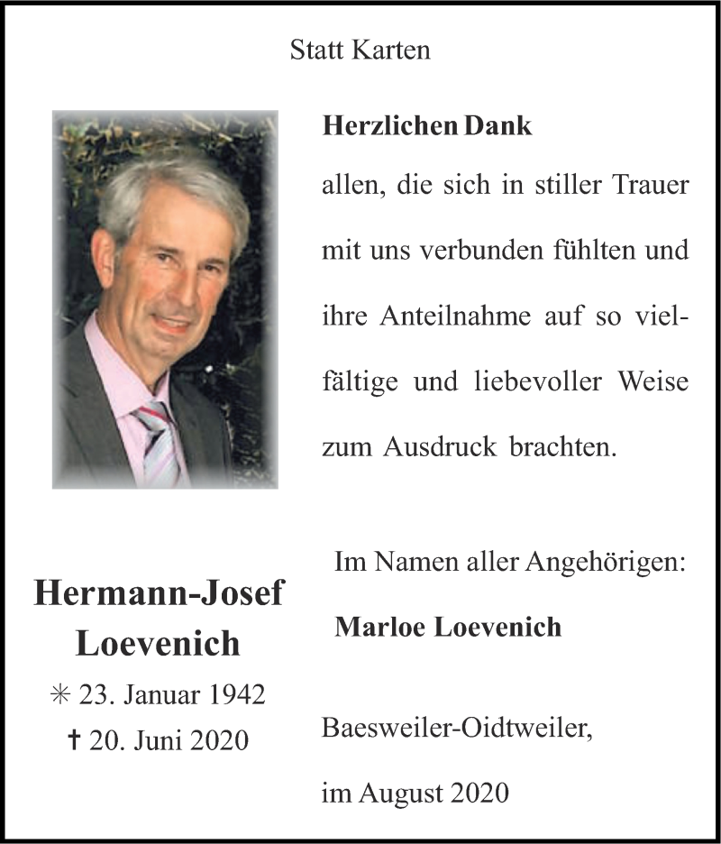  Traueranzeige für Hermann-Josef Loevenich vom 23.08.2020 aus Zeitung am Sonntag