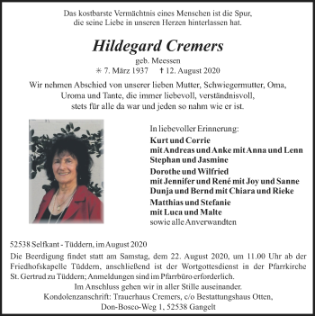 Traueranzeige von Hildegard Cremers von Zeitung am Sonntag
