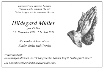 Traueranzeige von Hildegard Müller von Zeitung am Sonntag