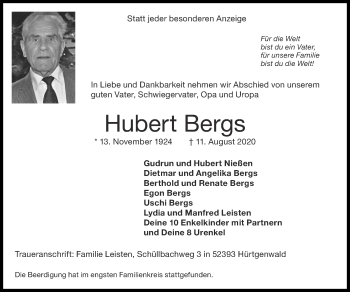 Traueranzeige von Hubert Bergs von Zeitung am Sonntag