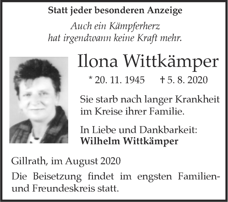  Traueranzeige für Ilona Wittkämper vom 09.08.2020 aus Zeitung am Sonntag