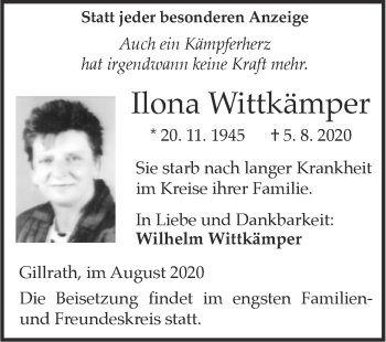 Traueranzeige von Ilona Wittkämper von Zeitung am Sonntag