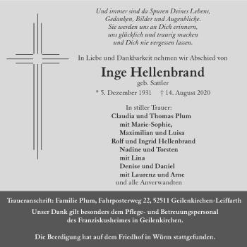 Traueranzeige von Inge Hellenbrand von Zeitung am Sonntag